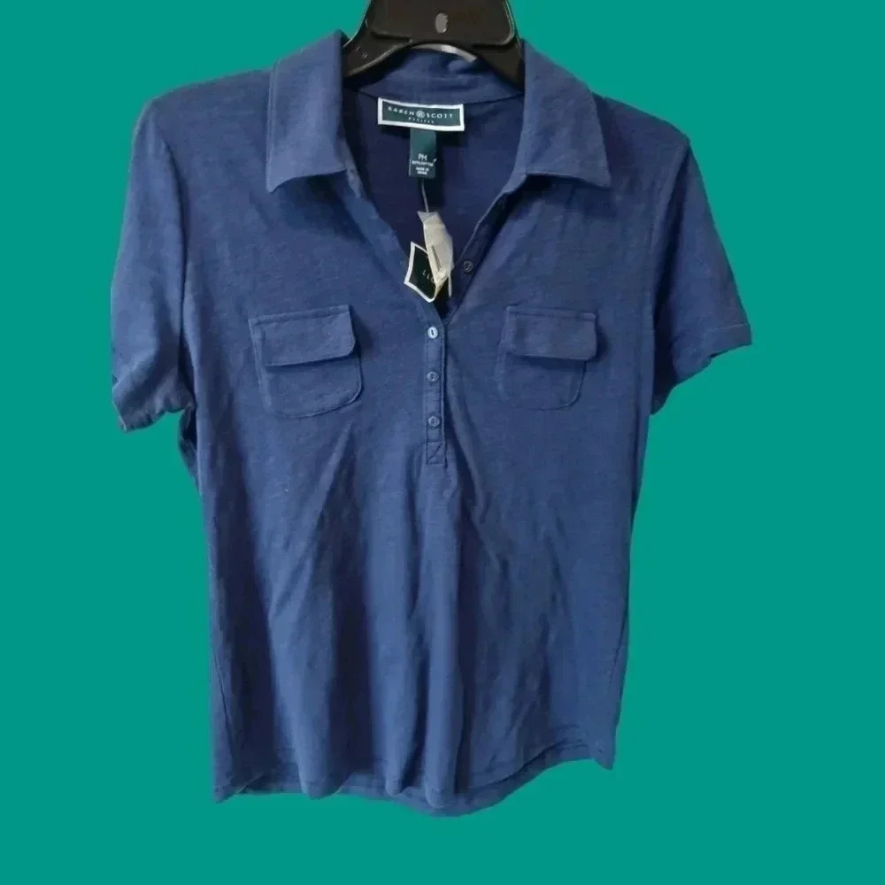 Karen Scott pocketed short sleeve blouse mediebal blue size PM